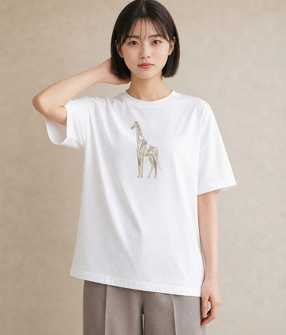 プリントTシャツ レディース きりん 動物 アニマル イラスト 抜け感 社会人 女性 白T YMAZO