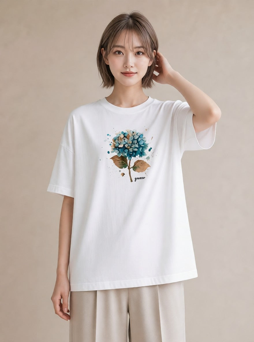 デザインTシャツ レディース あじさい 紫陽花 アジサイ 花 花柄 イラスト お洒落 カフェ服 クリスマス 白T YMAZO