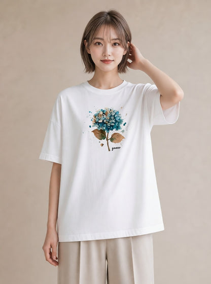 デザインTシャツ レディース あじさい 紫陽花 アジサイ 花 花柄 イラスト お洒落 カフェ服 クリスマス 白T YMAZO
