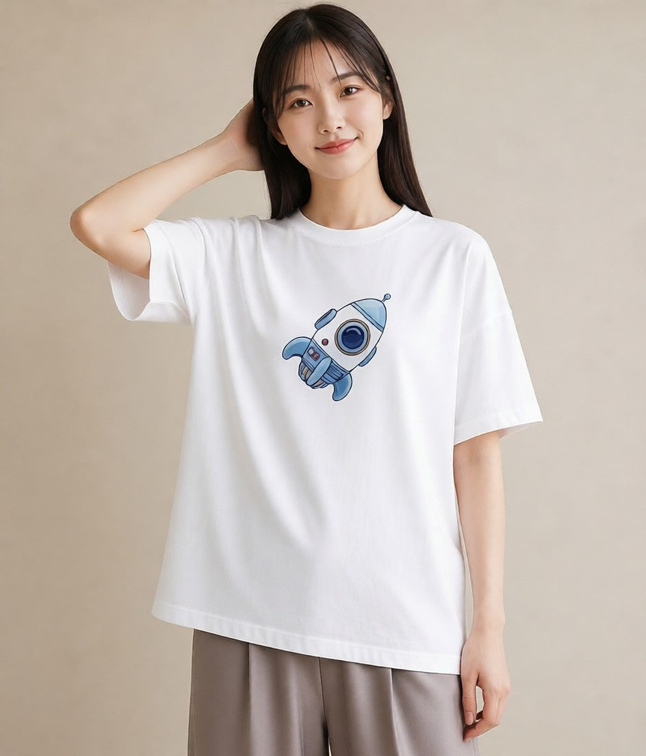 デザインTシャツ レディース ロケット 星空 宇宙 イラスト ラフカジュアル 普段着 週末コーデ 白T YMAZO