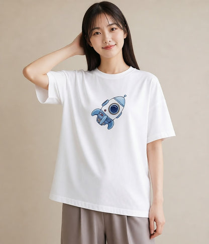 デザインTシャツ レディース ロケット 星空 宇宙 イラスト ラフカジュアル 普段着 週末コーデ 白T YMAZO