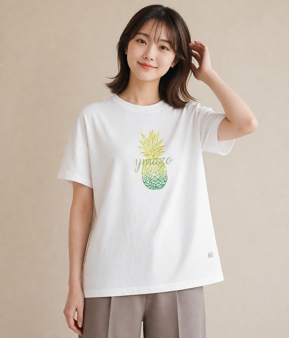 Tシャツ レディース パイナップル 食べ物 フード イラスト シック 送別ギフト 通勤 白T YMAZO