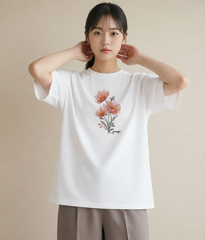 デザインTシャツ レディース コスモス 秋桜 花 花柄 イラスト 水彩風 姉妹 送別ギフト 白T YMAZO