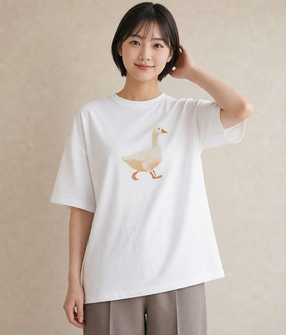 半袖Tシャツ レディース アヒル 動物 アニマル イラスト 普段使い 春コーデ 姉妹 白T YMAZO