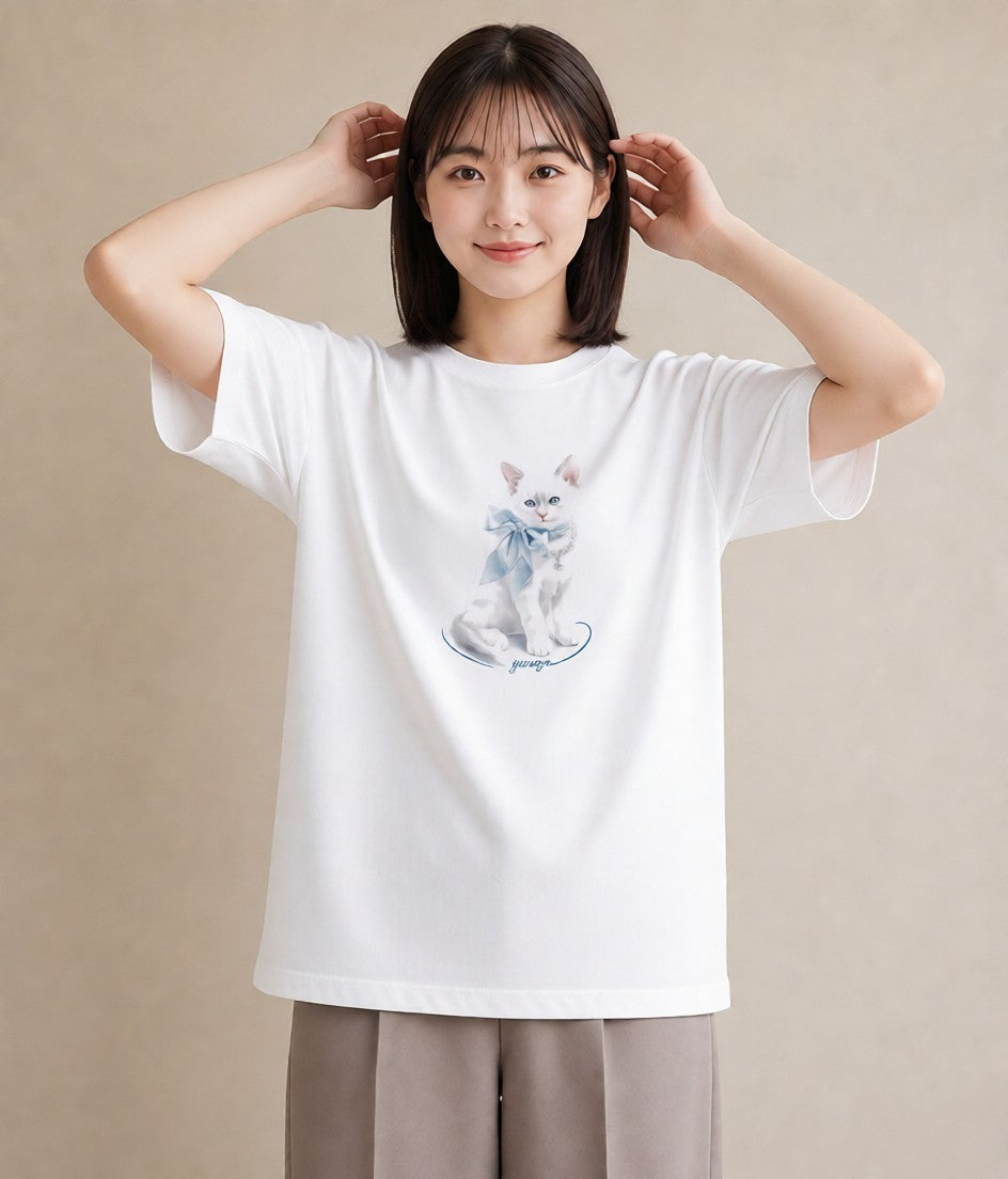 半袖Tシャツ レディース 猫 ねこ イラスト ラフ 自分用 ルームウェア 白T YMAZO