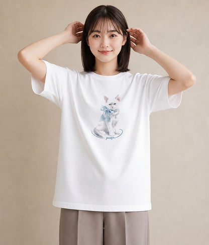 半袖Tシャツ レディース 猫 ねこ イラスト ラフ 自分用 ルームウェア 白T YMAZO