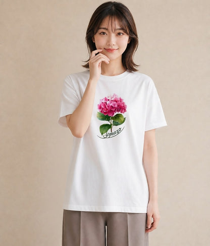 プリントTシャツ レディース あじさい 紫陽花 アジサイ 花 花柄 イラスト モード カジュアルコーデ 買い物 白T