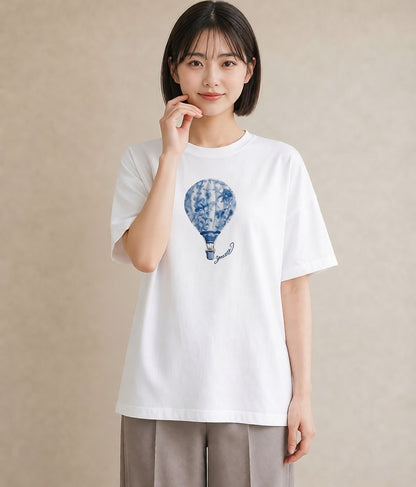 半袖Tシャツ レディース 気球 星空 宇宙 イラスト 可愛い 春服 ミセス 白T YMAZO