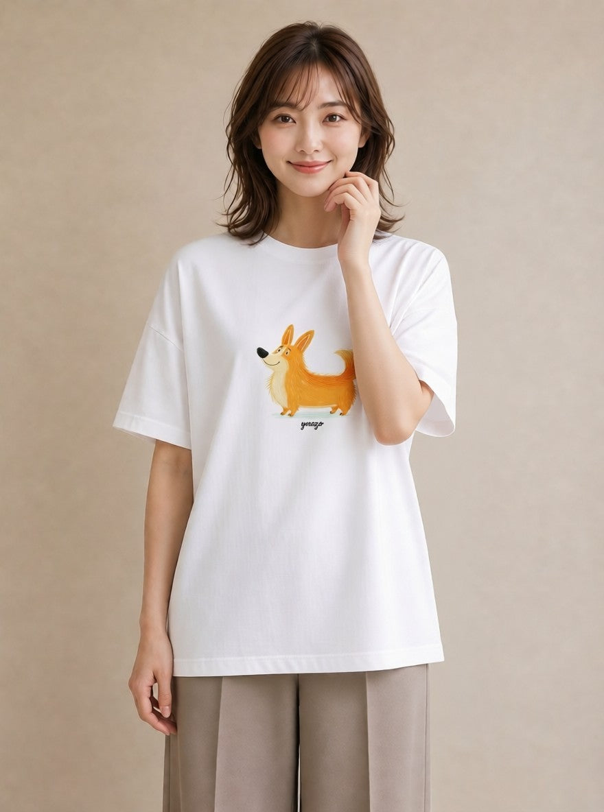 デザインTシャツ レディース ウェルシュコーギー コーギー 犬 いぬ イラスト 休日コーデ 普段着 週末コーデ 白T YMAZO