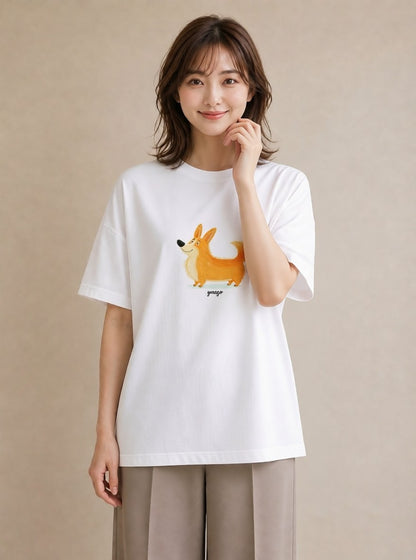 デザインTシャツ レディース ウェルシュコーギー コーギー 犬 いぬ イラスト 休日コーデ 普段着 週末コーデ 白T YMAZO