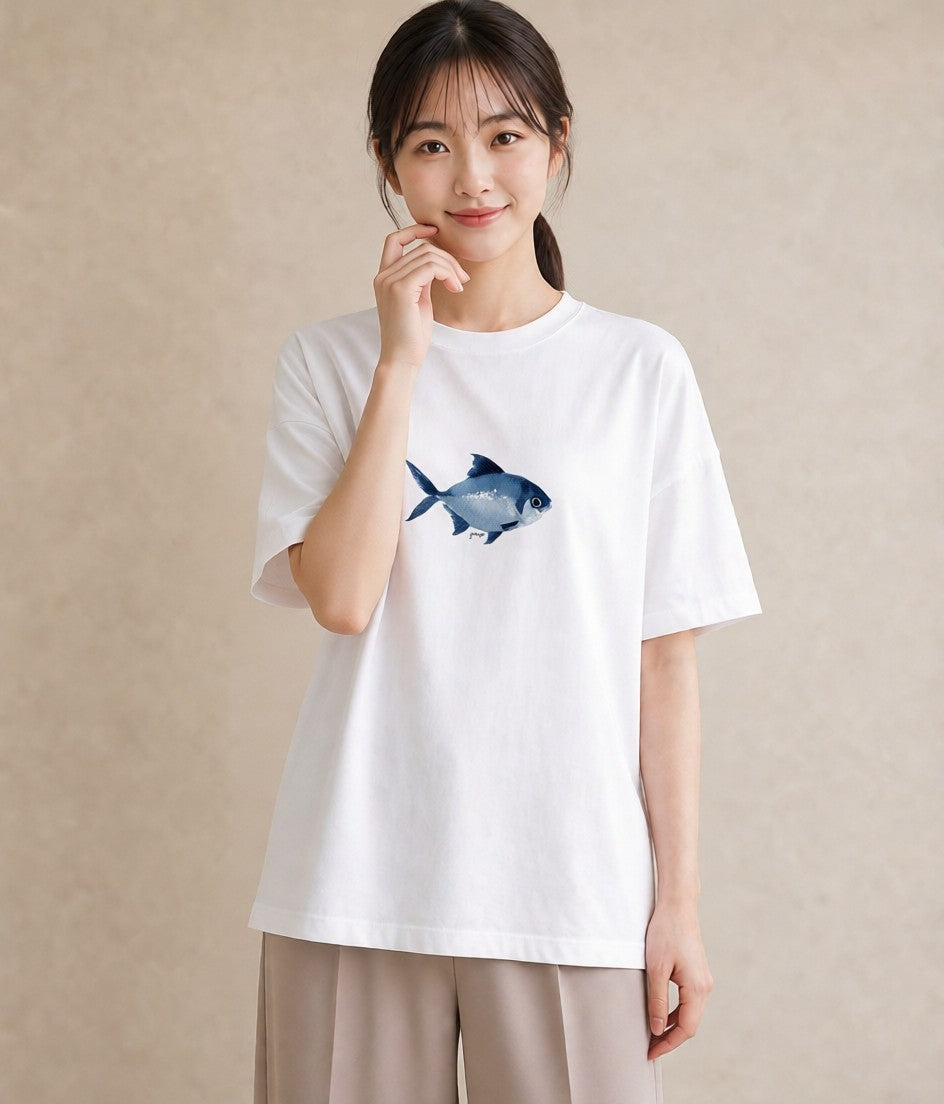 半袖Tシャツ レディース メダカ ペット 動物 イラスト 韓国風 ミセス 春コーデ 白T YMAZO