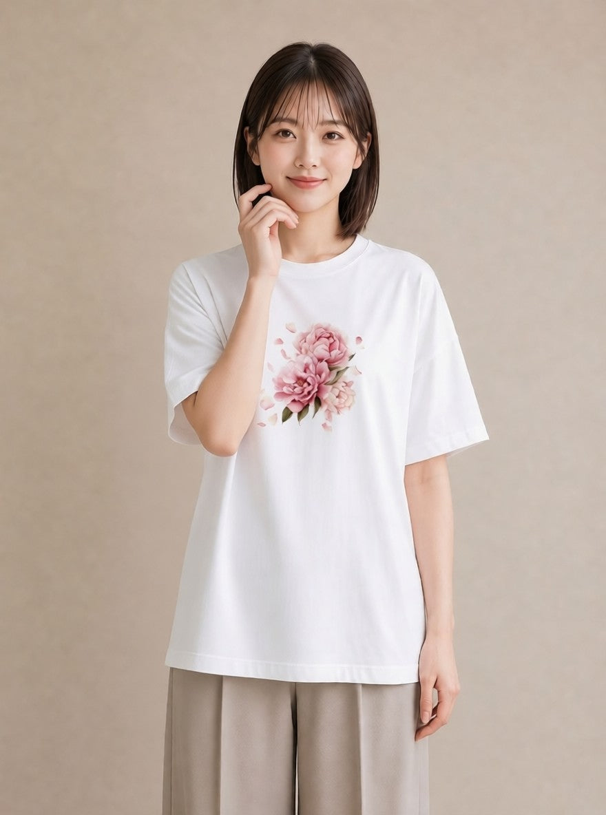 グラフィックTシャツ レディース 椿 花 花柄 イラスト 休日コーデ 送別ギフト 通勤 白T YMAZO