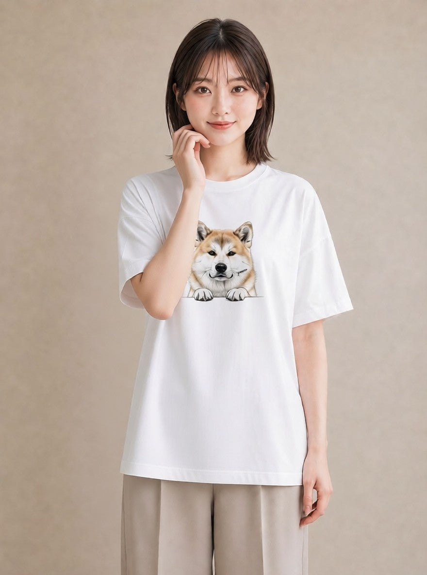 プリントTシャツ レディース 秋田犬 犬 いぬ イラスト 個性的 送別ギフト 通勤 白T YMAZO