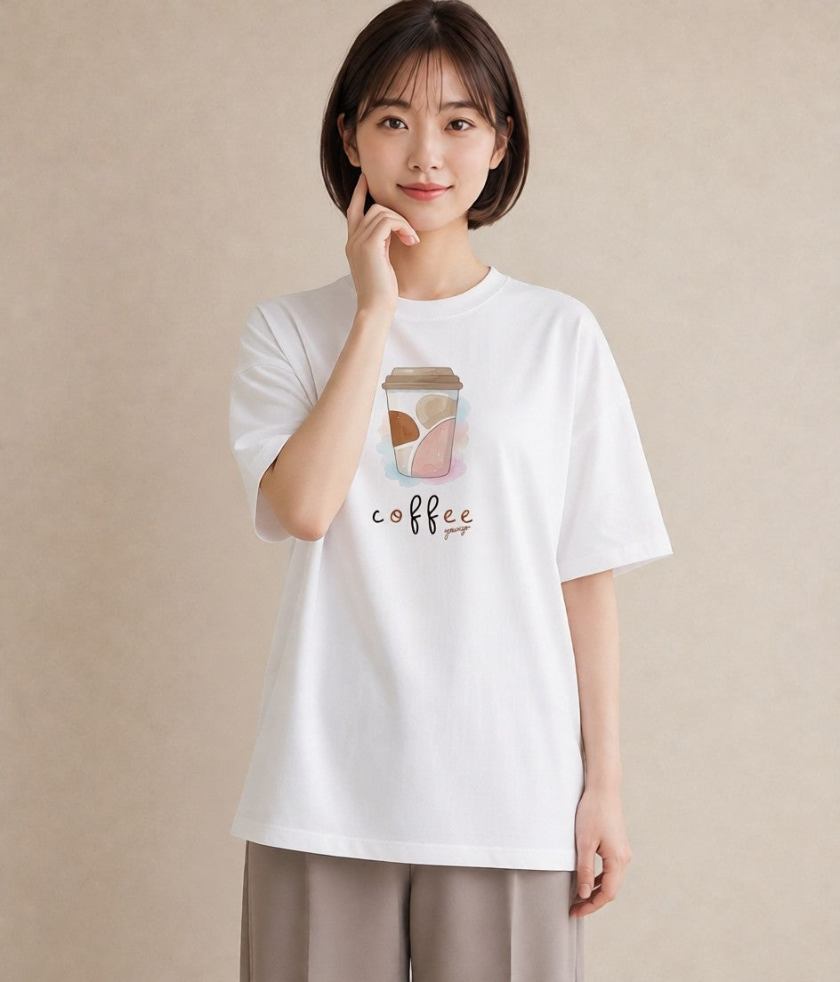 グラフィックTシャツ レディース コーヒー カフェ 珈琲 イラスト ニュアンス 散歩 お出かけ 白T YMAZO