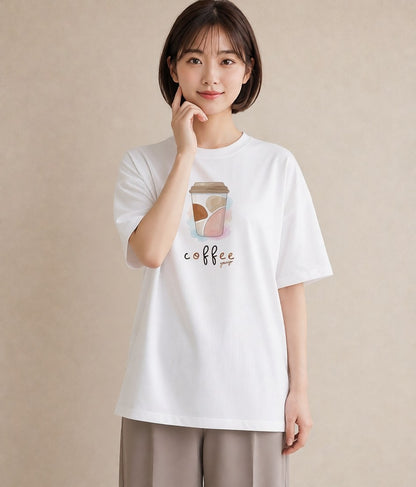 グラフィックTシャツ レディース コーヒー カフェ 珈琲 イラスト ニュアンス 散歩 お出かけ 白T YMAZO