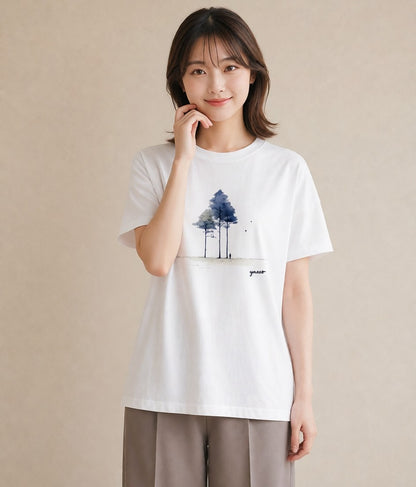 Tシャツ レディース 遠い家と鳥 風景 鳥 ナチュラル アンティーク イラスト 個性的 ラフ レイヤード 白T YMAZO