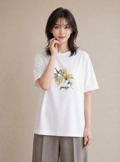 プリントTシャツ レディース ミモザ 花 花柄 イラスト ボタニカル 20代 カジュアルコーデ 白T YMAZO