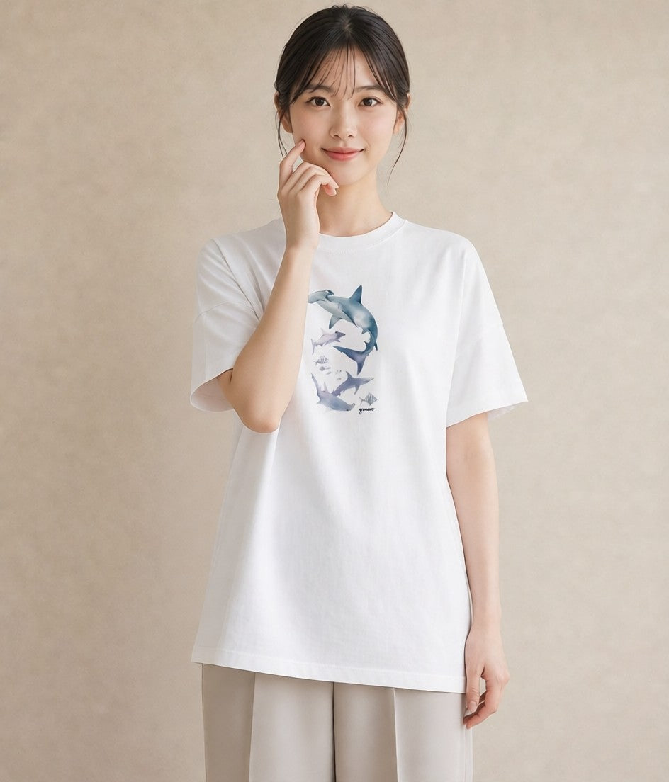 Tシャツ レディース サメ 海の生き物 海 イラスト きれいめ 母娘コーデ 自分用 白T YMAZO