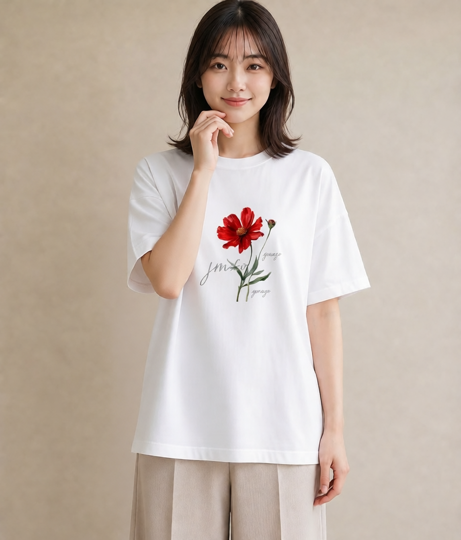 グラフィックTシャツ レディース コスモス 秋桜 花 花柄 イラスト 線画 母娘コーデ 自分用 白T