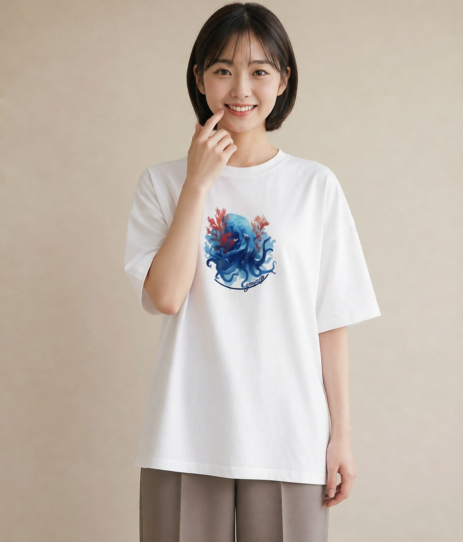 グラフィックTシャツ レディース タコ 海の生き物 海 イラスト 女性向けギフト 散歩 白T YMAZO
