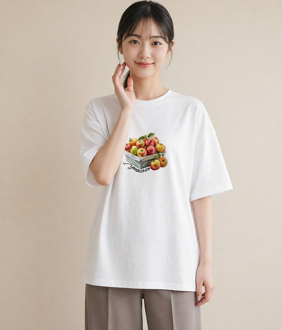 半袖Tシャツ レディース りんご 林檎 アップル 食べ物 フード イラスト こなれ感 女性 旅行用 白T YMAZO