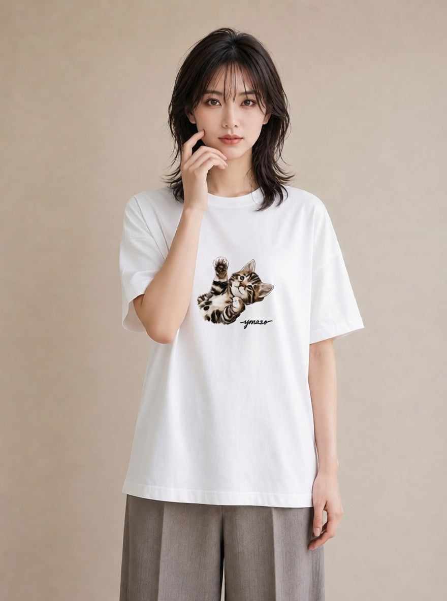 半袖Tシャツ レディース ベンガル 猫 ねこ イラスト きれいめ 誕生日プレゼント 綿100 白T YMAZO