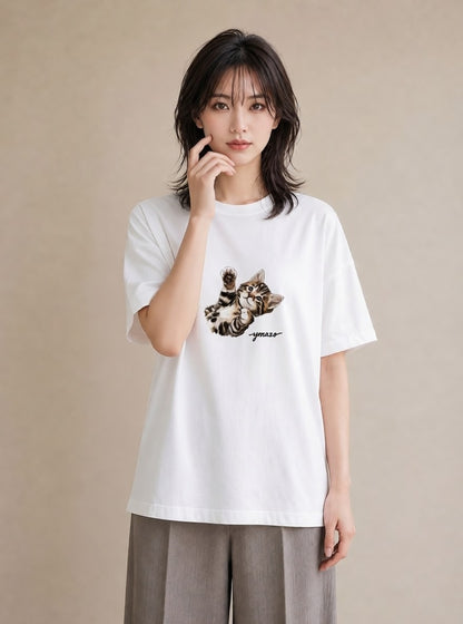 半袖Tシャツ レディース ベンガル 猫 ねこ イラスト きれいめ 誕生日プレゼント 綿100 白T YMAZO