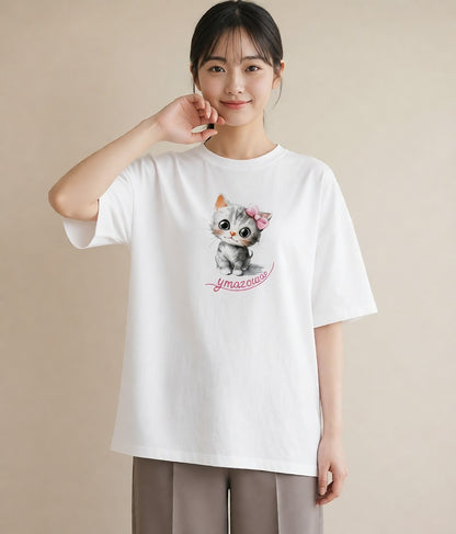 グラフィックTシャツ レディース 子猫 猫 ねこ イラスト 抜け感 敬老の日 ホワイトデー 白T YMAZO