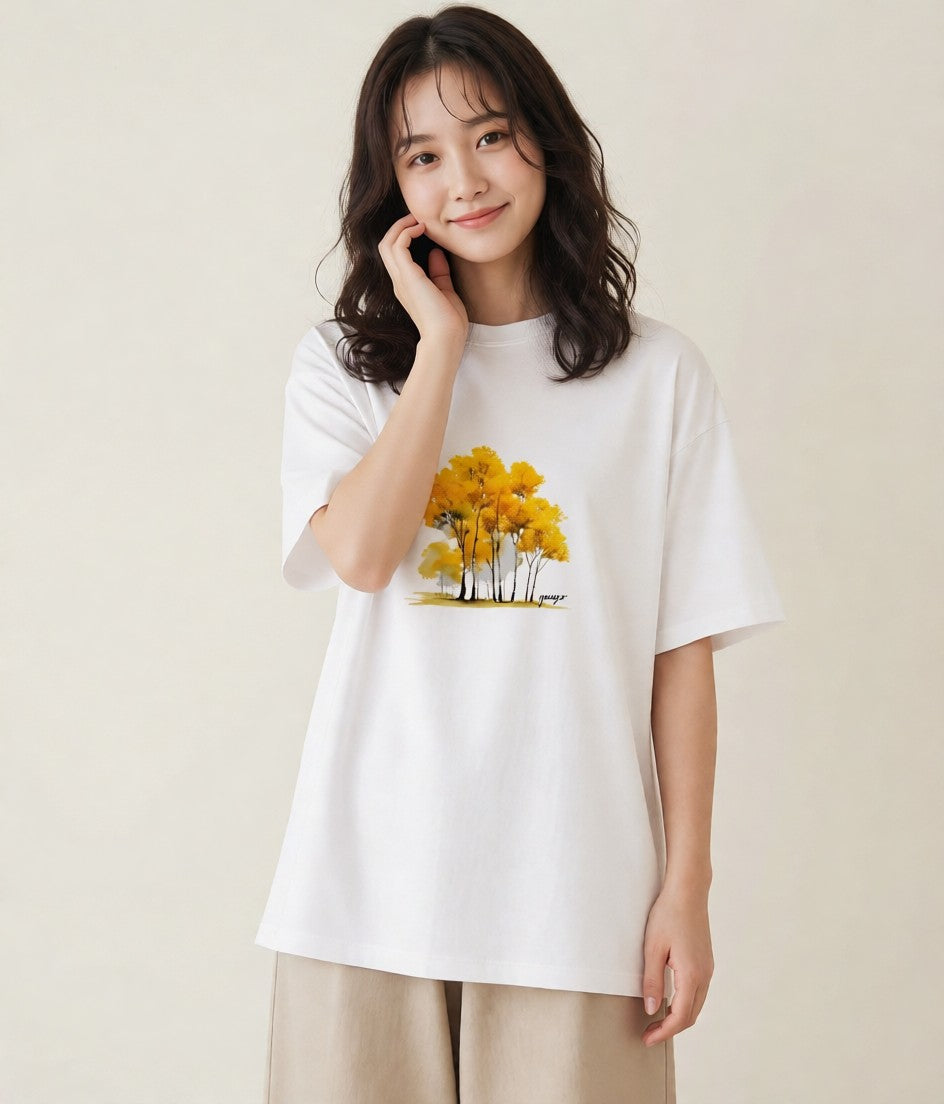 Tシャツ レディース 森 植物 ボタニカル イラスト ラフ 帰省 白T YMAZO