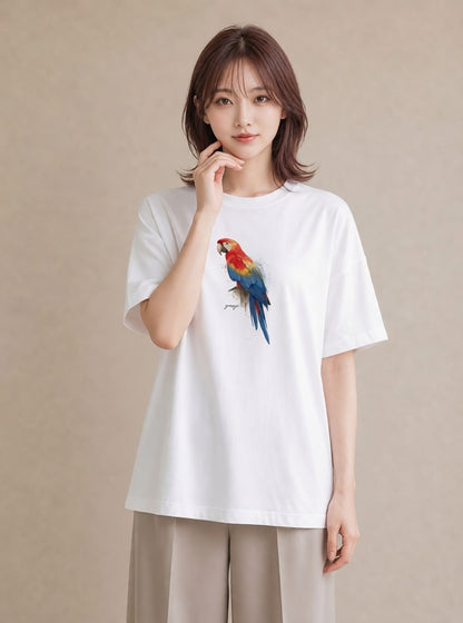 半袖Tシャツ レディース インコ ペット 動物 イラスト アート風 女性向けギフト 散歩 白T YMAZO