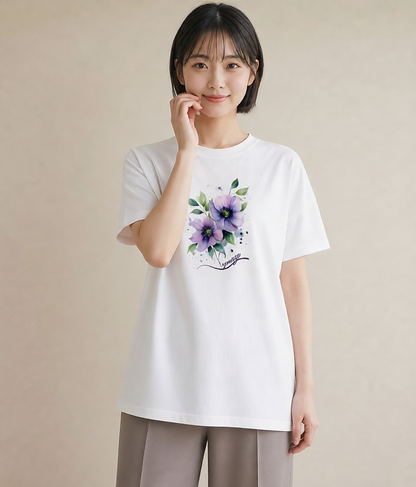 Tシャツ レディース スミレ 花 花柄 イラスト 線画 レイヤード 友達ギフト 白T YMAZO