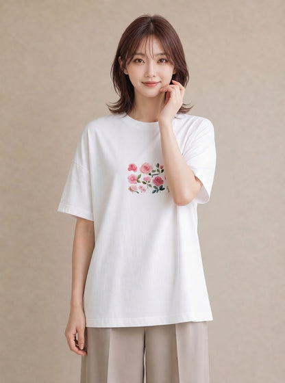 デザインTシャツ レディース バラ 薔薇 ローズ 花 花柄 イラスト ガーリー 散歩 お出かけ 白T YMAZO