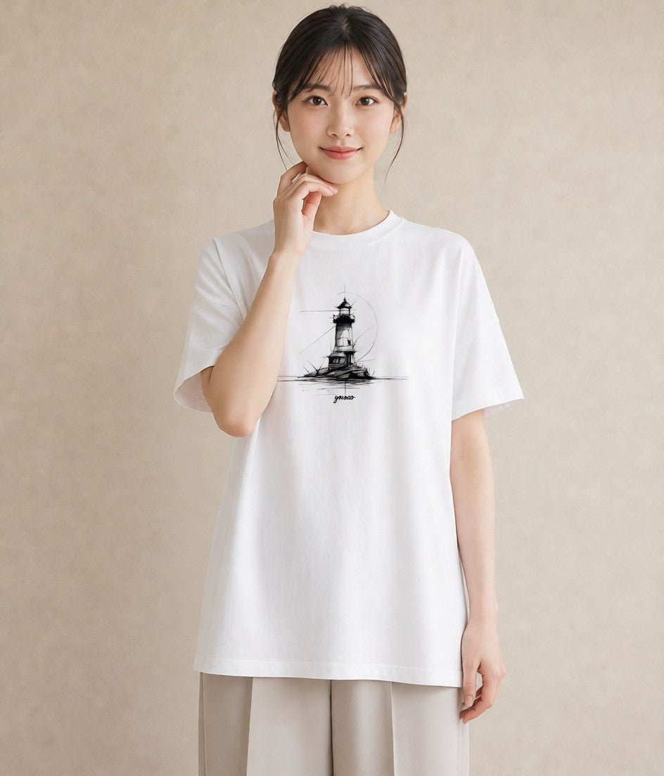 デザインTシャツ レディース 灯台 霧 海 ナチュラル アンティーク イラスト ラフ レイヤード 友達ギフト 白T YMAZO