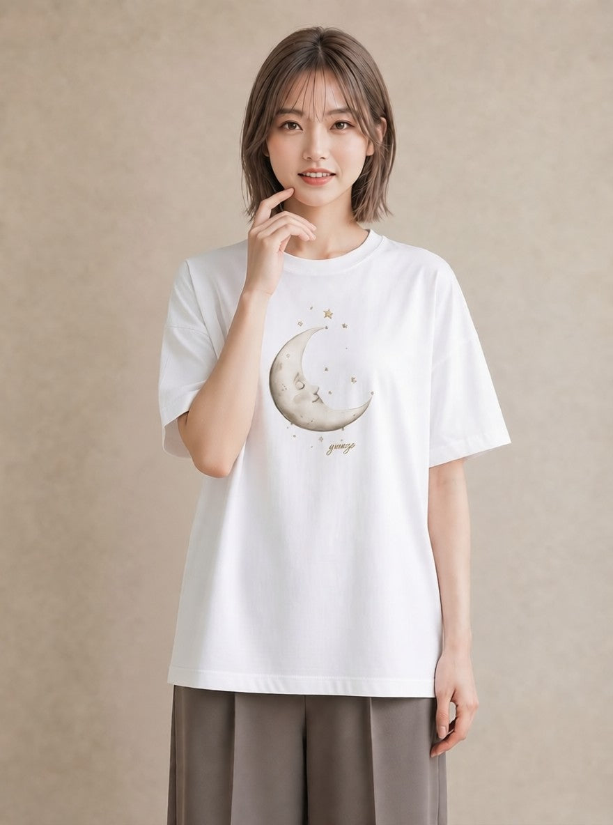 プリントTシャツ レディース 三日月 星空 宇宙 イラスト きれいめ おしゃれギフト 社会人 白T YMAZO