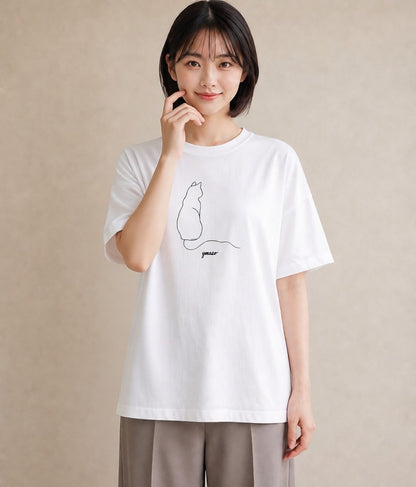 デザインTシャツ レディース 猫 ねこ ネコ イラスト 上品 帰省 ラフ 白T YMAZO