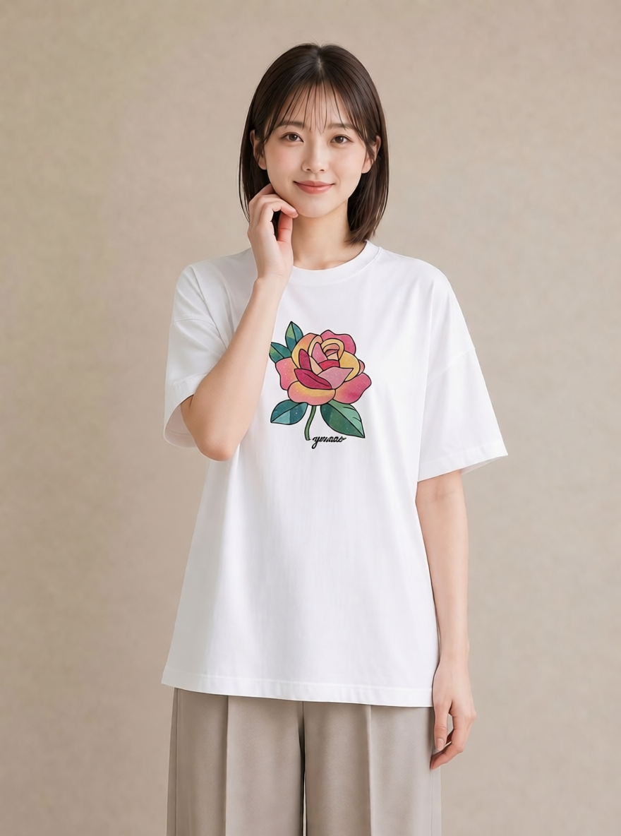 Tシャツ レディース バラ 薔薇 ローズ 花 花柄 イラスト ヴィンテージ風 レイヤード 友達ギフト 白T
