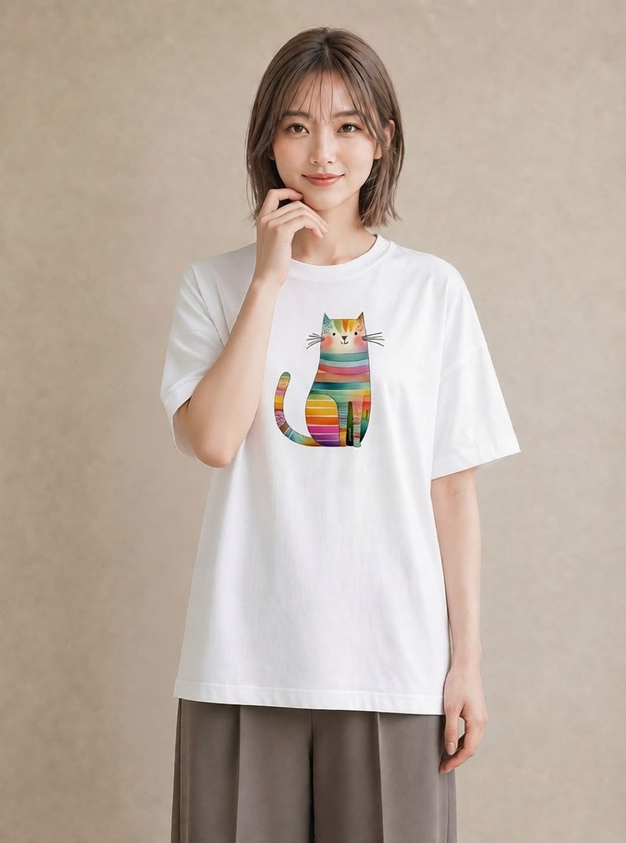 半袖Tシャツ レディース 猫好き 猫 ねこ イラスト 線画 休日 ペアコーデ 白T YMAZO