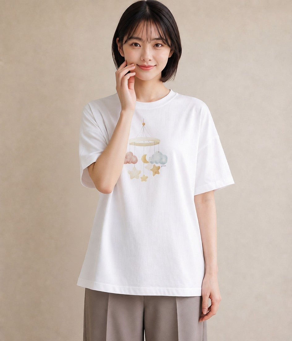半袖Tシャツ レディース 雲 星空 宇宙 イラスト ポップ 秋コーデ おしゃれギフト 白T YMAZO