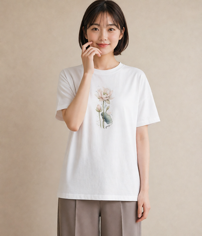プリントTシャツ レディース ゆり 百合 花 花柄 イラスト ラフ 春服 ミセス 白T YMAZO