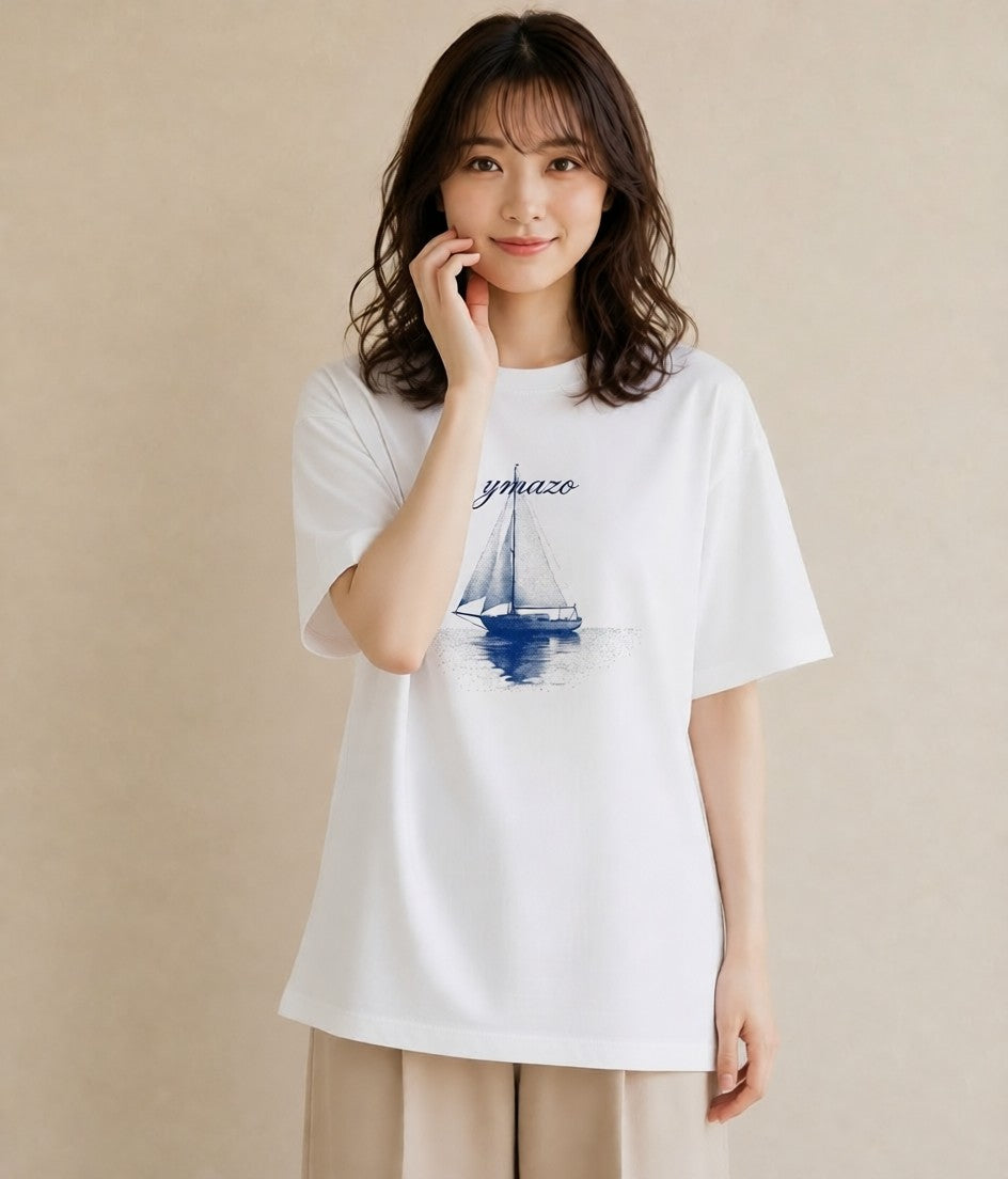プリントTシャツ レディース 紙の船 水辺 ナチュラル アンティーク イラスト レトロ ギフト 母の日 白T YMAZO