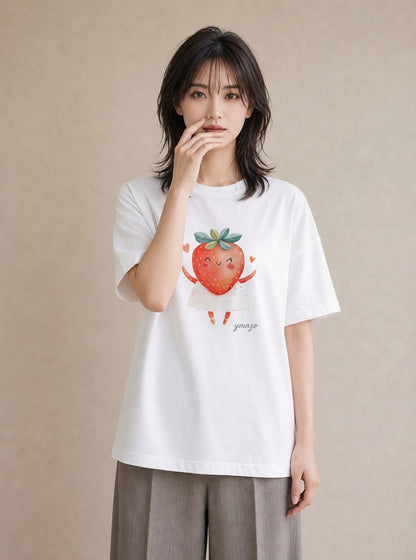 プリントTシャツ レディース いちご 苺 ストロベリー 食べ物 フード イラスト 20代 カジュアルコーデ 白T YMAZO