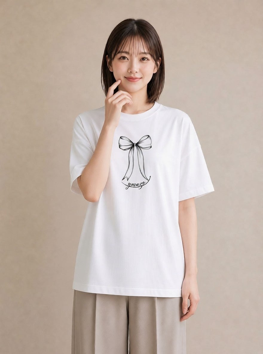 Tシャツ レディース リボン ボウ りぼん イラスト ヴィンテージ風 母の日 ビーチ 白T YMAZO