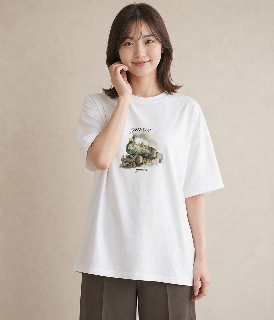 プリントTシャツ レディース 駅のホーム ローカル線 駅 ナチュラル アンティーク イラスト 個性的 お揃い 親子 白T YMAZO