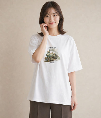 プリントTシャツ レディース 駅のホーム ローカル線 駅 ナチュラル アンティーク イラスト 個性的 お揃い 親子 白T YMAZO