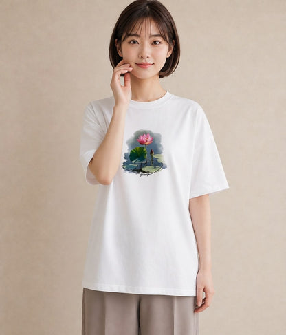 プリントTシャツ レディース 蓮 花 花柄 イラスト 線画 デイリーウェア 休日 白T YMAZO