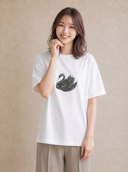 Tシャツ レディース ハクチョウ 動物 アニマル イラスト 夏コーデ 通学 白T YMAZO
