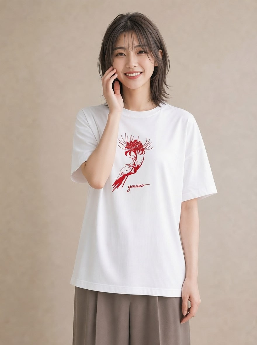 プリントTシャツ レディース 彼岸花 花 花柄 イラスト カジュアル クリスマス 旅行 白T YMAZO