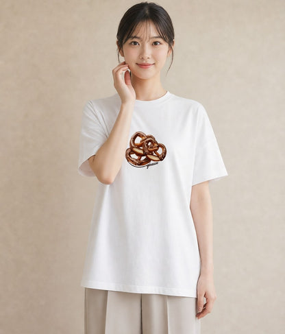 半袖Tシャツ レディース ベーグル 食べ物 フード イラスト ミニマル 親子 20代 白T YMAZO