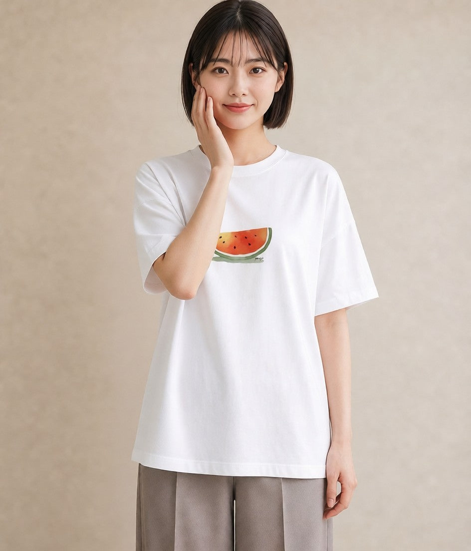 Tシャツ レディース すいか 食べ物 フード イラスト カジュアル 旅行 母娘コーデ 白T YMAZO