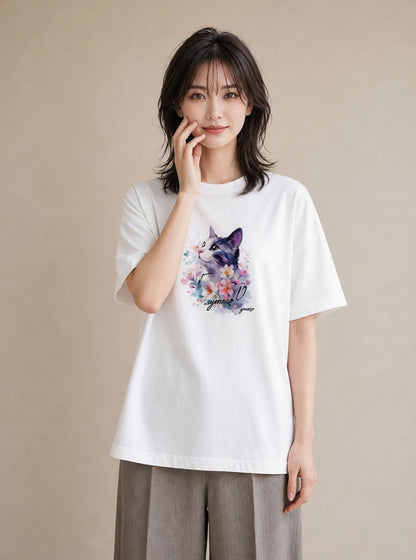 デザインTシャツ レディース 子猫 猫 ねこ イラスト フェミニン 帰省 ラフ 白T YMAZO
